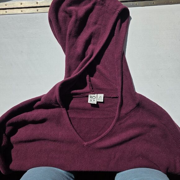 Roxy Cropped Hoodie Sweater, Deep Purple, Button & Tie Detail, Size Large - Picture 3 of 5